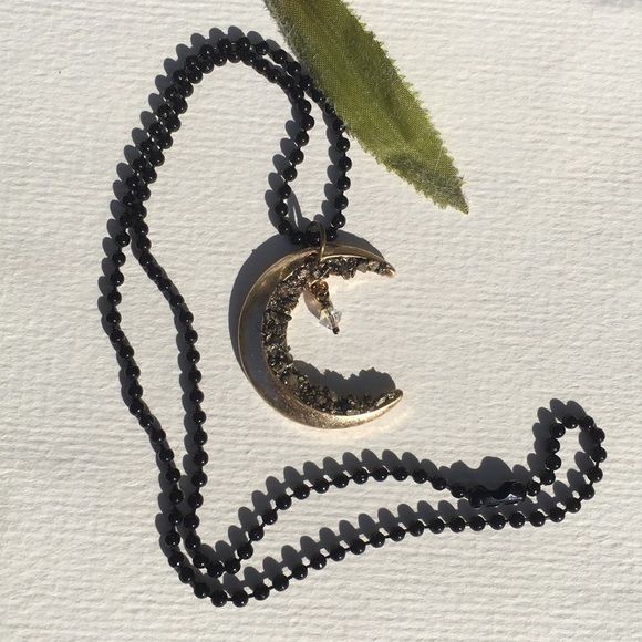 NEW Gold druzy moon necklace Swarovski crystal 18” - Picture 6 of 9